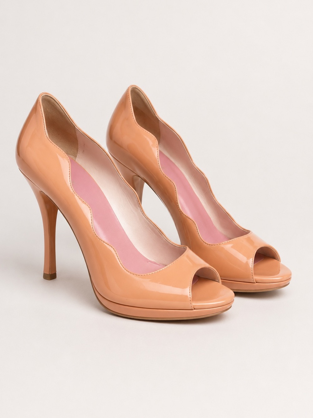 Prada Scalloped Edge Peach Patent Leather Peep-Toe High Heels Size 41